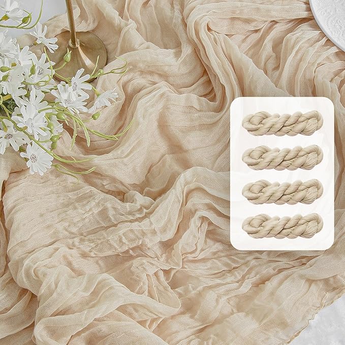 FEXIA 4 Pack Beige Table Runner 35x120 Inches for Baby Shower Decoration Gauze Rustic Table Runner for Wedding Party First Communion Centerpiece Engagement Bridal Shower Boho Decoration