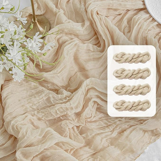 FEXIA 4 Pack Beige Table Runner 35x120 Inches for Baby Shower Decoration Gauze Rustic Table Runner for Wedding Party First Communion Centerpiece Engagement Bridal Shower Boho Decoration