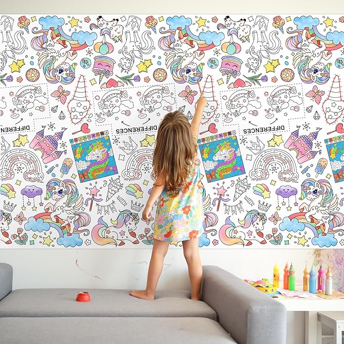 Gatherfun Magical Unicorn Birthday Party Supplies Color-in Disposable Paper Tablecloth | 54x88 in Rainbow Unicorn Party Decorations Set for Kids Birthday, School & Special Events