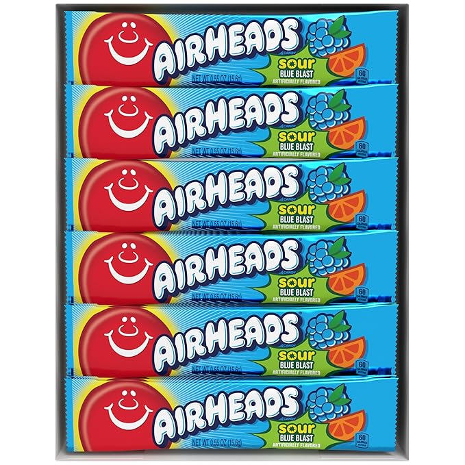 Airheads SOUR Candy Bars, Sour Blue Blast Flavored, Bulk, Concessions, Parties, Pack of 36 Bars