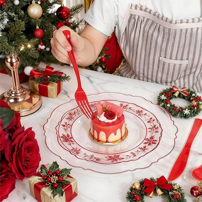 Liacere 400PCS Pre Rolled Red Silverware and Napkin - Disposable Red Plastic Utensils-Wrapped Plastic Cutlery Set with Napkin:100Forks,100Knives,100Spoons,100Napkins for Wedding＆Valentine＆Christmas