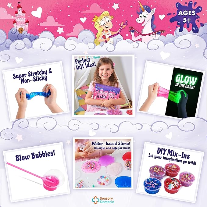 Princess Slime Kit for Girls - Water Based Colorful Premade Slime, Glow in the Dark, Glitter Powder, Ultimate Diy Pink Crystal Unicorn Kit for Girls, Ideal Gift Idea for Christmas & Holiday Ages 5-12+