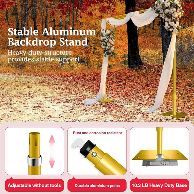 EMART Backdrop Stand Heavy Duty 8.9x10Ft, Double Crossbar Pipe and Drape Photo Background Support Kit, Adjustable Metal Frame with Flat Base for Wedding Birthday Party Decorations-Gold