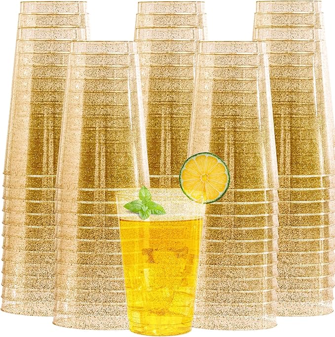 I00000 100 Pack 20 oz Gold Plastic Cups, Gold Glitter Cups Disposable Plastic Wine Glasses Cocktail Glasses Premium Cup, 20 Ounce Glitter Disposable Tumblers for Party & Wedding