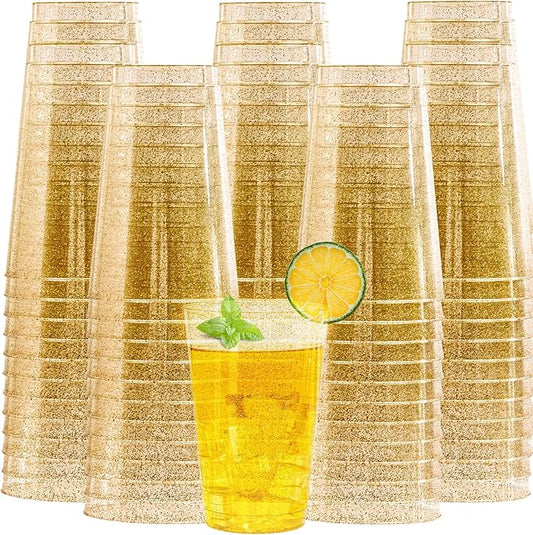 I00000 100 Pack 20 oz Gold Plastic Cups, Gold Glitter Cups Disposable Plastic Wine Glasses Cocktail Glasses Premium Cup, 20 Ounce Glitter Disposable Tumblers for Party & Wedding