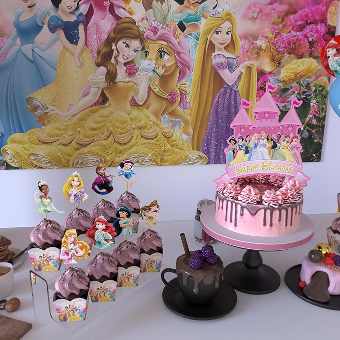 Nelton Party Supplies For Princess Includes Cake Topper, 24 Cupcake Toppers, 20 Latex Balloons, Happy Birthday Backdrop, 1 Table Cloth , 1 Banner