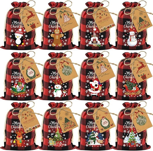 72pcs Cotton Medium Christmas Drawstring Buffalo Plaid Xmas Gift Bags Cotton Xmas Candy Small Christmas Fabric Goody Gift Bags Treat Sacks Reusable Gift Wrapping Holiday Party Favors - Red/Black