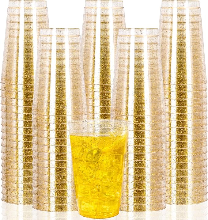 I00000 100 Pack 14 oz Gold Plastic Cups, Disposable Tumblers Gold Glitter Plastic Cups, Disposable Wine Glasses Cocktail Glasses Perfect for Wedding, Mother's Day, Thanksgiving, Christmas Parties