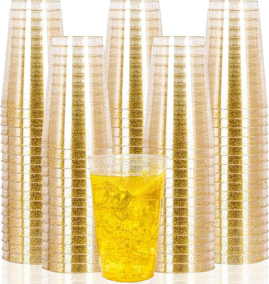 I00000 100 Pack 14 oz Gold Plastic Cups, Disposable Tumblers Gold Glitter Plastic Cups, Disposable Wine Glasses Cocktail Glasses Perfect for Wedding, Mother's Day, Thanksgiving, Christmas Parties
