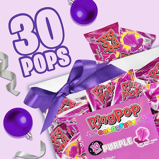 Ring Pop Purple Christmas Candy Lollipops, 30 Ct Bulk Individually Wrapped in Very Berry Punch Flavor, Full Size, Fun Candy For Birthday, Party Favors, Holiday Gifts For Kids, Stocking Stuffers
