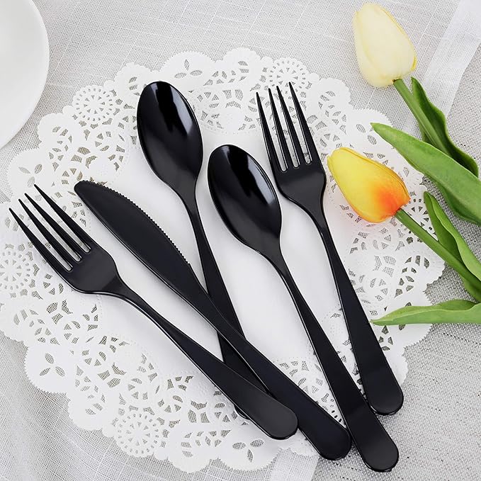 Supernal 360pcs Black Plastic Silverware, Black Disposable Cutlery Heavy Duty, Plastic Forks and Spoons,Disposable Utensils Include 120 Forks 120 Spoons 120 Knives For Party Wedding Birthday