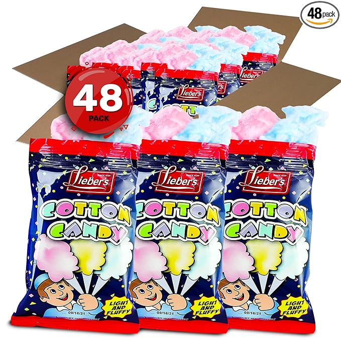 Lieber's Cotton Candy | 48 Pack of Light & Fluffy Vintage Candy | Blue & Red Carnival Birthday Party Favors Treats Supplies for Kids, Kosher | 0.8 Ounce Bags (48 Pack)