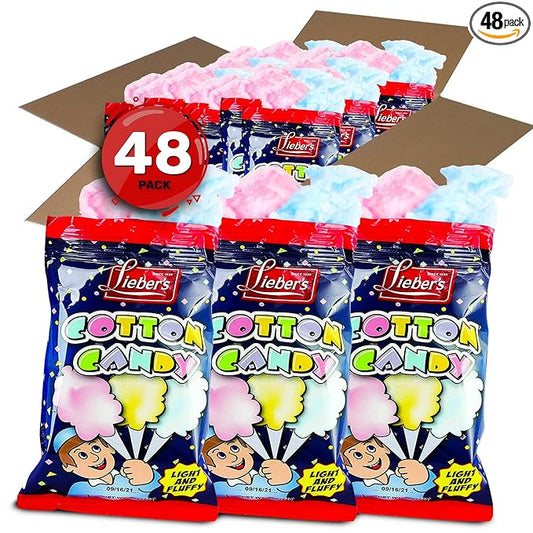 Lieber's Cotton Candy | 48 Pack of Light & Fluffy Vintage Candy | Blue & Red Carnival Birthday Party Favors Treats Supplies for Kids, Kosher | 0.8 Ounce Bags (48 Pack)