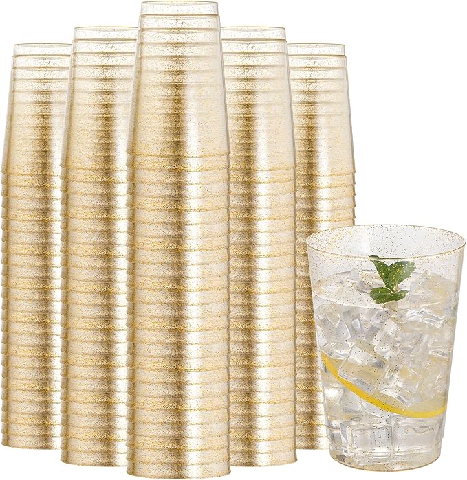 I00000 200 Pack 12 oz Gold Glitter Plastic Cups, Clear Disposable Cups, Disposable Plastic Wine Glasses Cocktail Glasses Premium Cups, 12 Ounce Glitter Tumblers for Party & Wedding