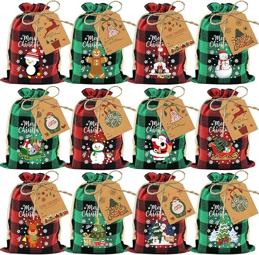 Aviski 72PCS Cotton Medium Christmas Drawstring Candy Treat Bags Buffalo Plaid Xmas Xmas Christmas Fabric Goody Gift Sacks Reusable Gift Wrapping Bags Holiday Party Favors - Red/Green