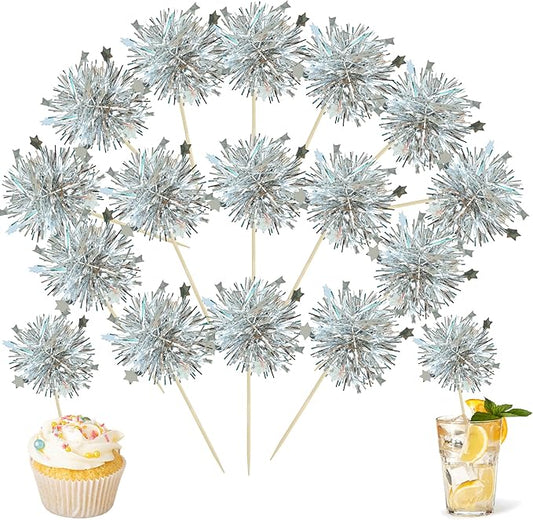 Ephlyn 30Pcs Foil Firework Cupcake Toppers Party Birthday Cake Toppers Supplies Sparkle Tinsel Cocktail Fruit Toothpick for Birthday Wedding Graduation Party Silver