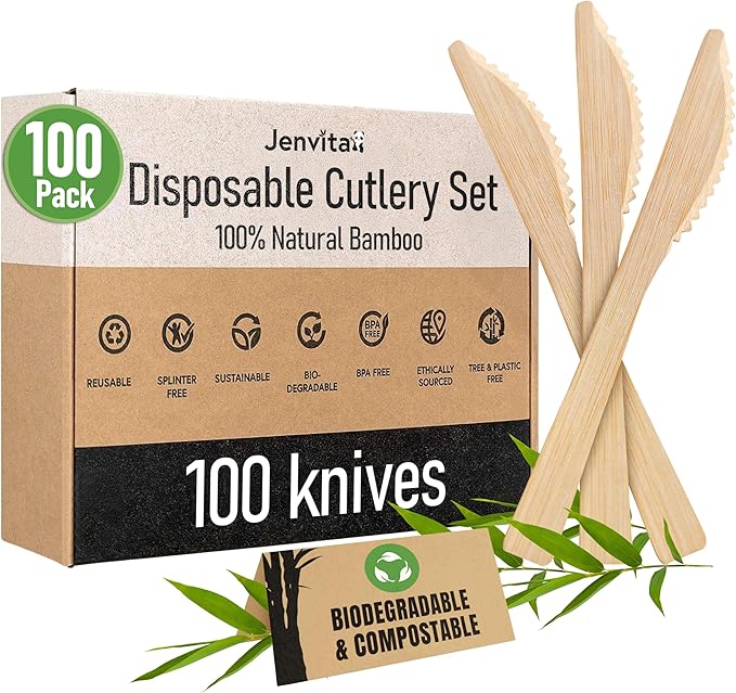 100% Bamboo Knives Set - 100 Biodegradable Utensils (100 Knives) | Reusable or Disposable Bamboo Flatware | Compostable FSC Certified Knives for Weddings, Camping, Parties