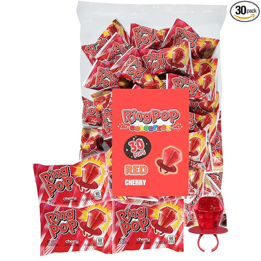 Ring Pop Red Christmas Candy Lollipops, 30 Ct Bulk Individually Wrapped in Red Cherry Flavor, Full Size, Fun Hard Candy For Birthday Parties, Holiday Parties, Stocking Stuffers, Gifts, Party Favors