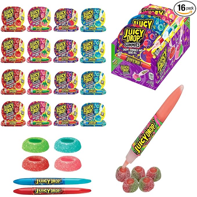 Juicy Drop Sour Halloween Candy Gummies, 16Ct Sweet Chewy Candy w/Sour Gel in Assorted Fruity Flavors, Full Size, Sour Candy Variety Pack For Party Favors, Trick or Treat, Halloween Bowls, Kids Gifts