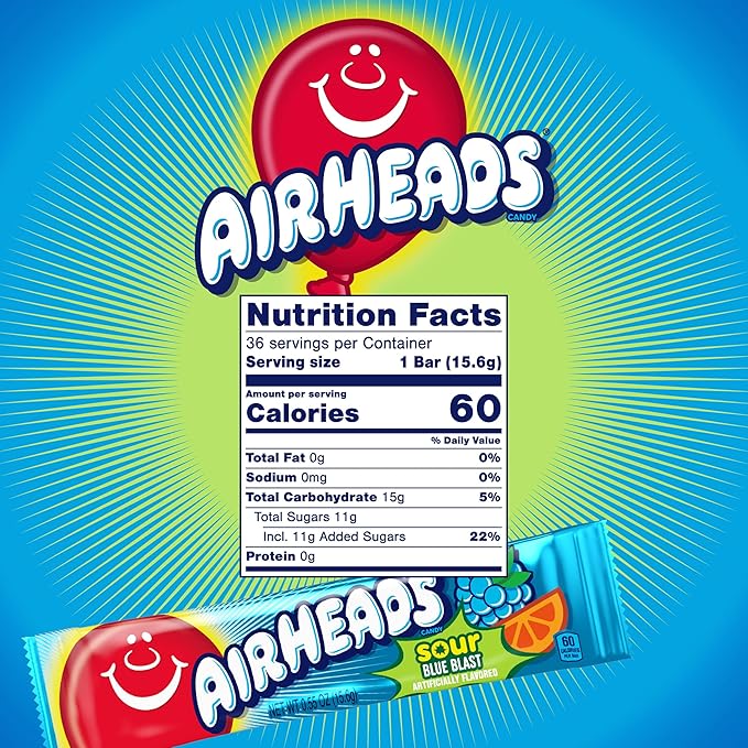 Airheads SOUR Candy Bars, Sour Blue Blast Flavored, Bulk, Concessions, Parties, Pack of 36 Bars