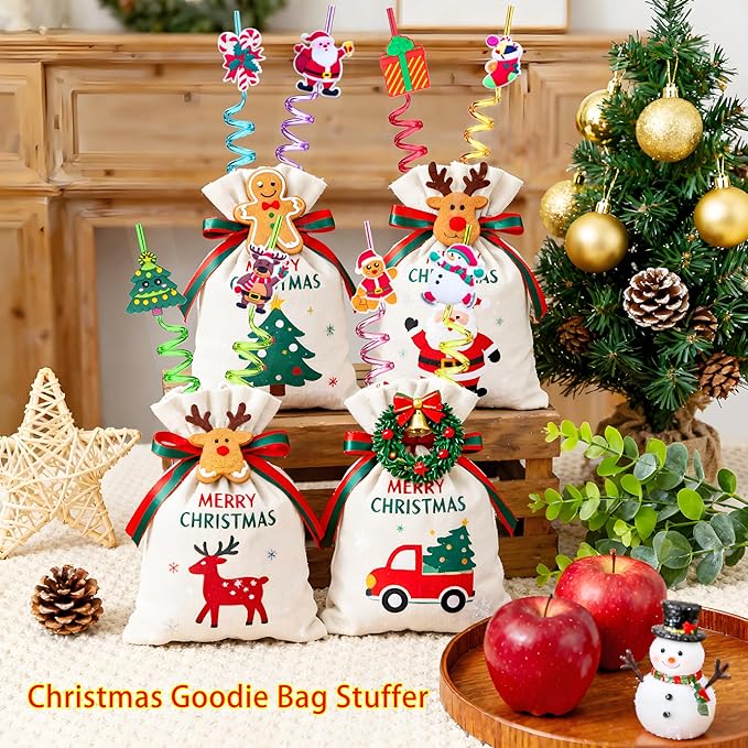 48PCS Pary Straws - 24 Christmas Straws and 24 Glitter Snowflake Straw for Party Favors Decors - Reusable Crazy Straw for Kids Winter Xmas Party Supplies, Plastic Drinking Straw for Kids New Year