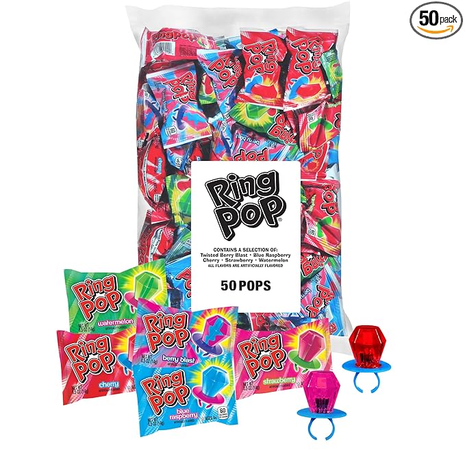 Ring Pop Candy, Christmas Lollipops, 50 Ct Party Favors in Assorted Fruity Flavors - Full Size, Bulk Variety Pack, Individually Wrapped Hard Candy For Stocking Stuffers, Holiday Candy Bowls, Gifts