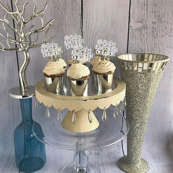 24Pcs Baby It's Cold Outside Snowflake Cupcake Toppers Glitter Winter Frozen Cupcake Picks for Winter Wonderland Baby Shower Birthday Party Cake Decorations Supplies Silver