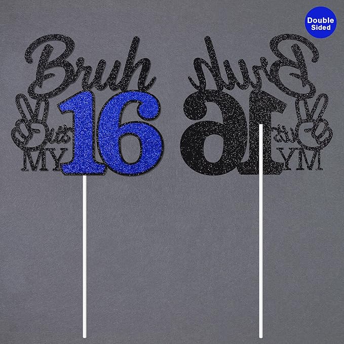 1 Pcs Bruh I'm 16 Cake Topper, Happy 16th Birthday Cake Pick, It's My 16th Birthday Party Decoration For Boys, Funny Boy Cheers To 16 Year Party Supply(Blue & Black)