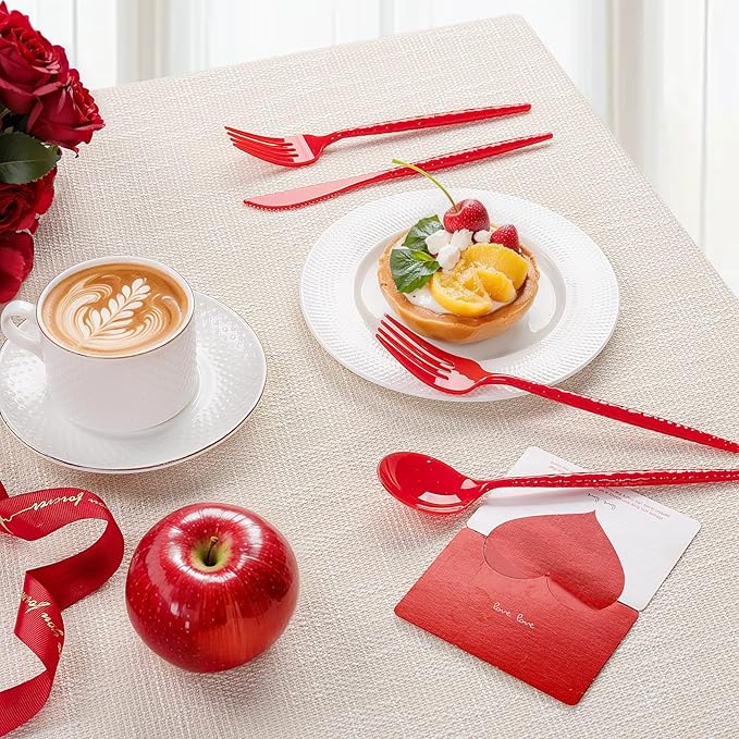 LIYH 150 Pcs Red Plastic Cutlery Sets - Red Christmas Plastic Christmas Silverware Heavyduty, Disposable Utensil Sets, 50 of Each Forks, Knives & Spoons Flatware Set for Party Birthday Xmas Day