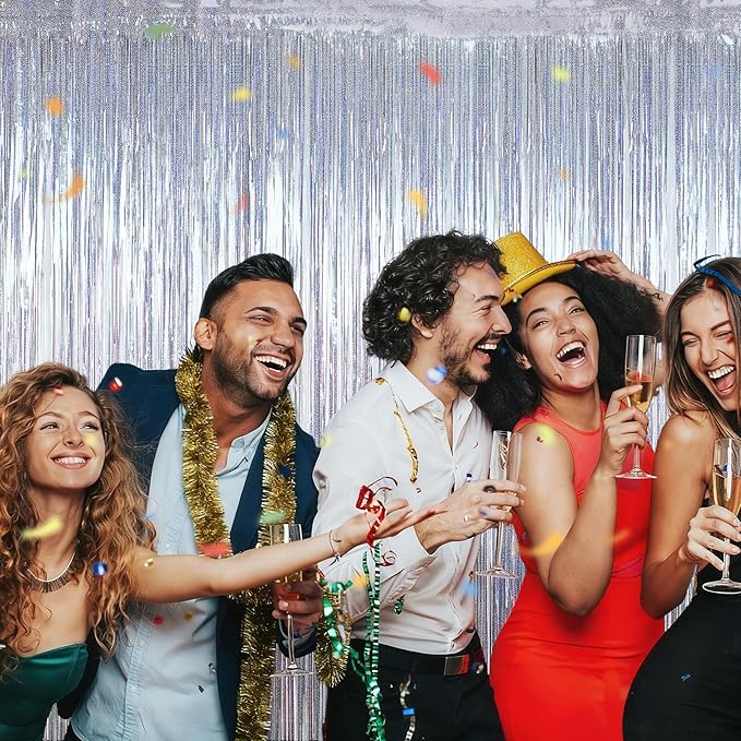 8 Pack 3.28 FT x 7.05 FT Tinsel Foil Fringe Backdrop, Glitter Silver Fringe Tinsel, Metallic Foil Curtains Door Streamer Disco Photo Backdrop Foil Streamer Decor Engagement Party Supplies