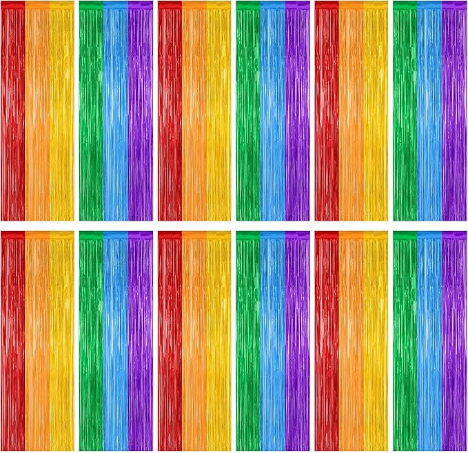 12 Pack Rainbow Backdrop, 3.28 FT x 7.05 FT Pride Decorations, Metallic Fringe Curtains Party Streamer Tinsel Backdrop, Rainbow Foil Curtains Birthday Party Decor Photo Booth Props