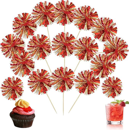 Ephlyn 30Pcs Foil Firework Cupcake Toppers Sparkle Tinsel Drink Birthday Cake Decorations Cocktail Food Fruit Toothpick for New Years Wedding Birthday Party Decorations Gold Red