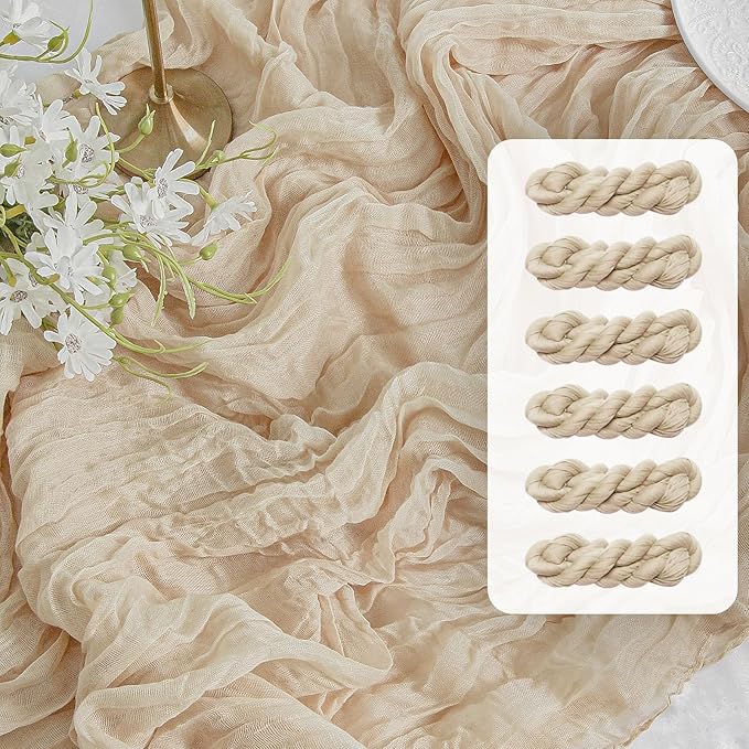 FEXIA 6 Pack Beige Gauz Table Runner 35x120 Inches for Centerpiece Table Decorations Ivory Cheesecloth Rustic Boho Table Runner for Bridal Shower Wedding Party First Communion Centerpiece Engagement