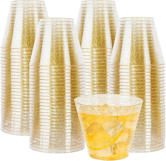I00000 100pcs Gold Plastic Cups - 9 OZ Hard Gold Glitter Disposable Cups for Cocktail And Drinking - Premium Disposable Plastic Cups with Gold Glitter for Fancy Wedding & Elegant Party Cups