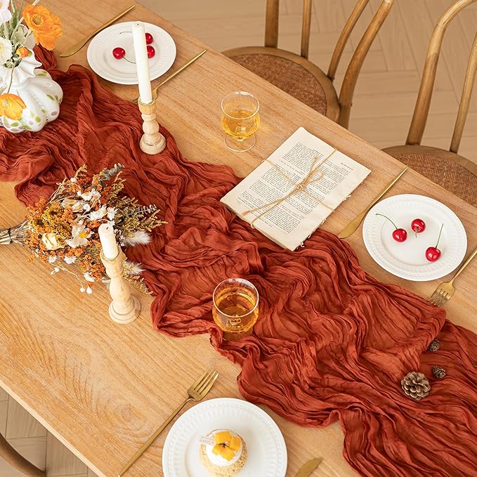 FEXIA Terracotta Cheesecloth Thanksgiving Table Runner 35x120 Inches Orange Red Rust Boho Gauze Christmas Table Runners Burnt for Wedding Decor Reception Bridal Shower Centerpiece