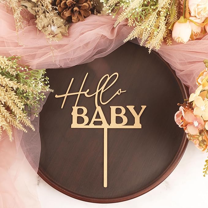 Hello Baby Cake Topper - Wooden Baby Shower Cake Decorations for Boys and Girls, Gender Reveal Cake Topper, for Baby Shower/Gender Reveal Party/Baby Party Photo Booth Props