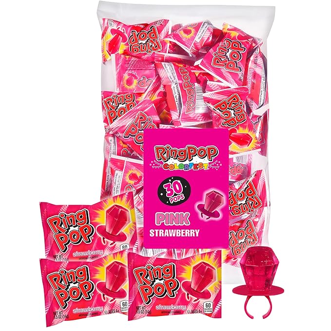Ring Pop Pink Christmas Candy Lollipops, 30 Ct Bulk Strawberry Lollipops Individually Wrapped, Suckers for Kids, Fun Candy for Gender Reveals, Holiday Parties, Stocking Stuffers, Gifts, Party Favors