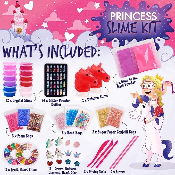 Princess Slime Kit for Girls - Water Based Colorful Premade Slime, Glow in the Dark, Glitter Powder, Ultimate Diy Pink Crystal Unicorn Kit for Girls, Ideal Gift Idea for Christmas & Holiday Ages 5-12+