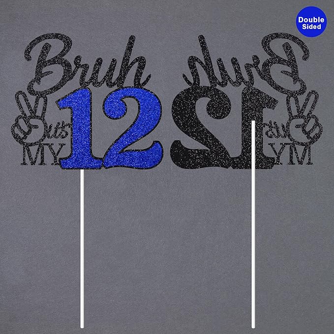 1 Pcs Bruh I'm 12 Cake Topper, Happy 12th Birthday Cake Pick, It's My 12th Birthday Party Decoration For Boys, Funny Boy Cheers To 12 Year Party Supply(Blue & Black)