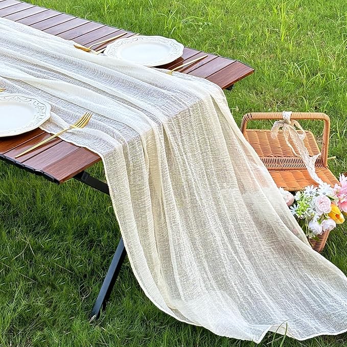 FEXIA Beige Table Runner Ivory Cheesecloth Table Runner 30x118 Inches Rustic Gauze for Easter Decor Wedding Baby Shower Bridal Shower First Communion Home Decorations