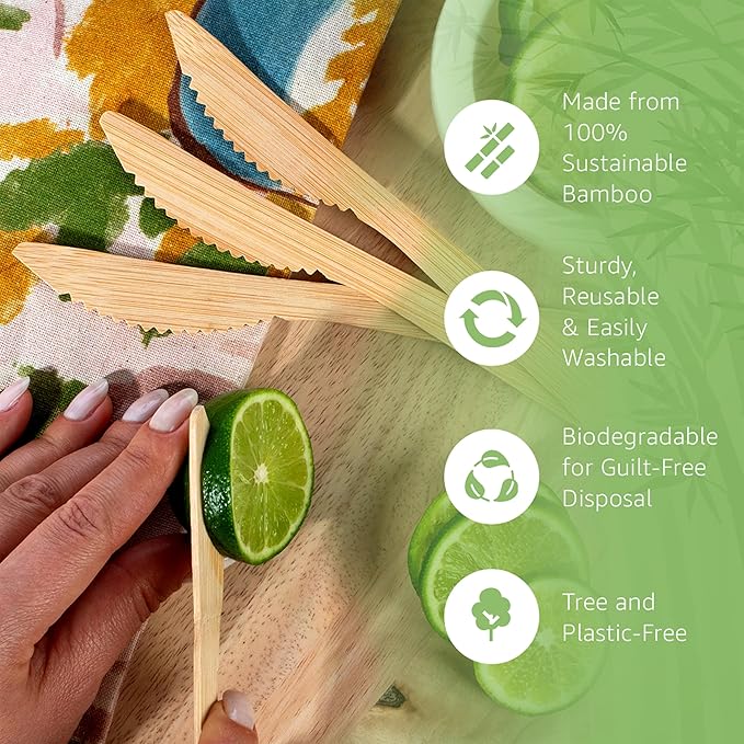 100% Bamboo Knives Set - Eco Friendly Kitchen Utensils (500 Compostable Knives) | Bamboo Utensils Disposable or Reusable | Compostable FSC Certified Silverware for Weddings, Camping, Parties