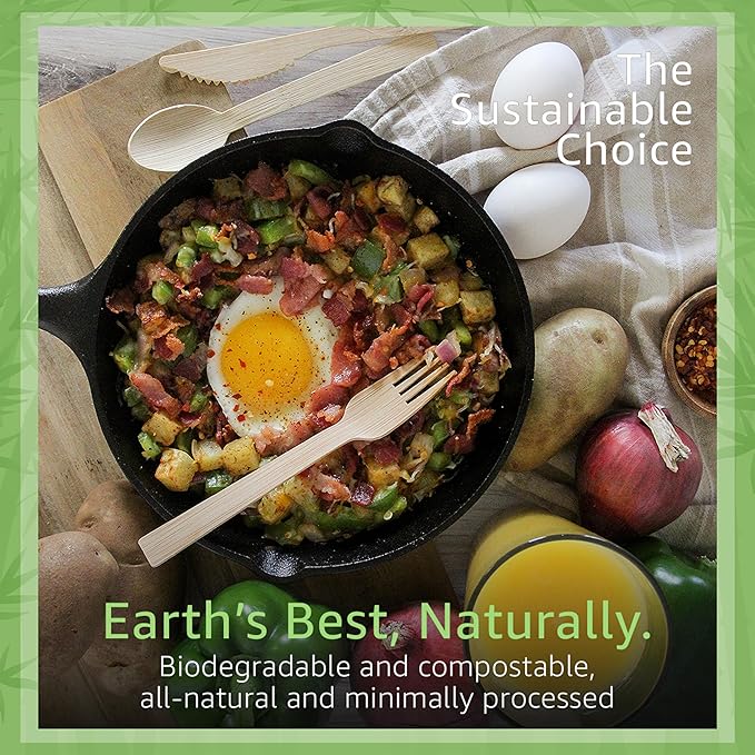 100% Bamboo Utensils Set - 100x Compostable Cutlery Set (50 Compostable Forks, 25 Disposable Spoons, 25 Biodegradable Knives) | Bamboo Silverware | FSC Certified for Weddings, Camping, Party