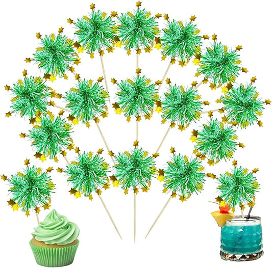 Ephlyn 30Pcs Foil Firework Cupcake Toppers Happy Birthday Cake Toppers Tinsel Flower Drink Stirrers Cocktail Food Fruit Toothpicks for Valentine's Day Party Decorations Green