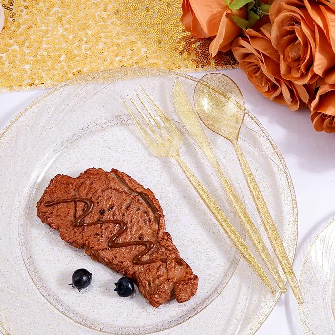 Supernal 180pcs Gold Plastic Silverware Durable Plastic Silverware Gold Glitter Color Party Cutlery Disposable Flatware Heavy Duty Include 60 Forks,60 Knvies,60 Spoons for Wedding,Birthday