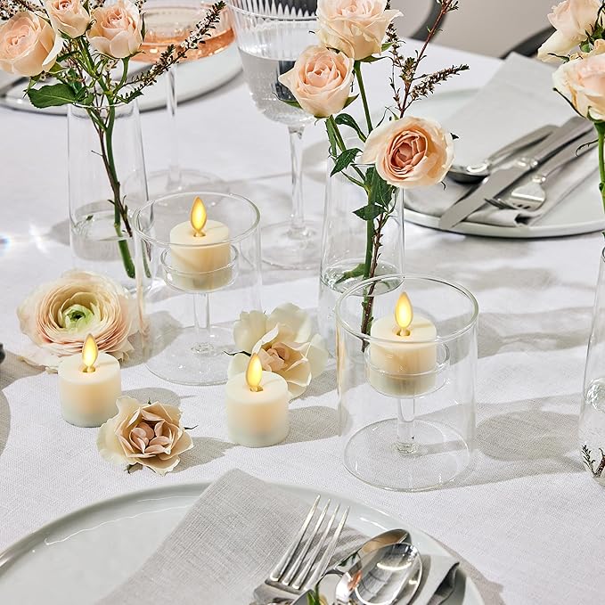 Luminara Flickering Flameless Pearl Ivory Tealights - Warm LED Light Flame Votives - Battery Operated Decor for Dining Room Table Centerpieces, Fireplace Mantel, Dinner Party, Reception - Set of 4