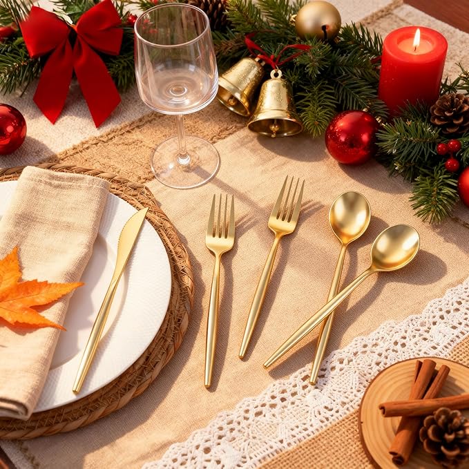 Rubtlamp 90Pcs Christmas Gold Plastic Silverware, Gold Disposable Christmas Utensils, Plastic Cutlery Include 30 Plastic Knives, 60 Forks and Spoons, Fancy Plastic Silverware Heavy Duty for Party