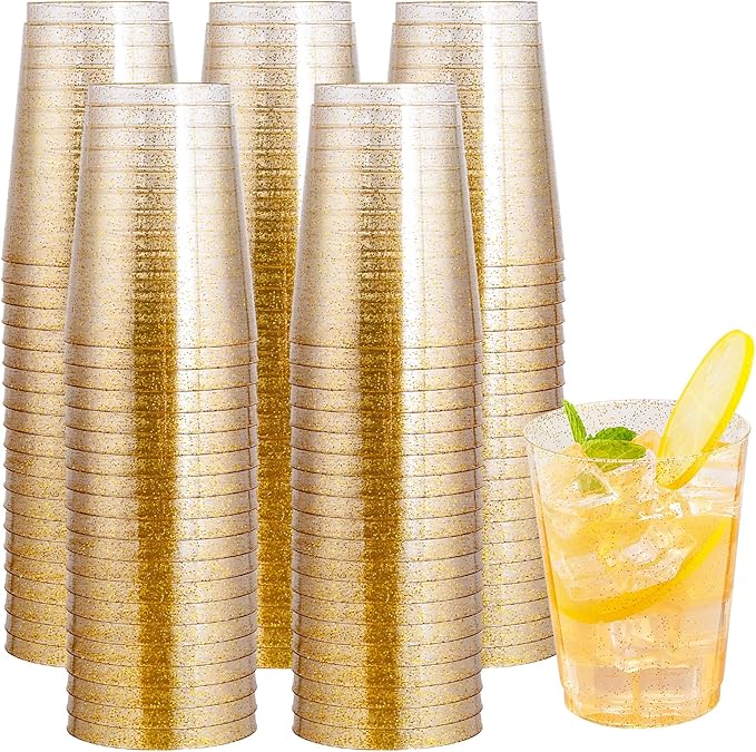 I00000 100 Pack 10oz Gold Plastic Cups, Premium Disposable Gold Glitter Plastic Cups for Martini and Cocktail,Hard Clear Cup with Gold Glitter Perfect for Fancy Wedding and Elegant Party