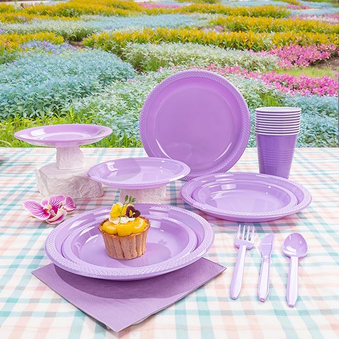 MirthMood 350PCS Lavender Plastic Plates,Lavender Disposable Plates Set – Plastic Plates Set Includes 50 Dinner,50 Dessert Plate,50 Cup&50 Napkins, 50 Lavende Silverware for Wedding & Birthday Parties
