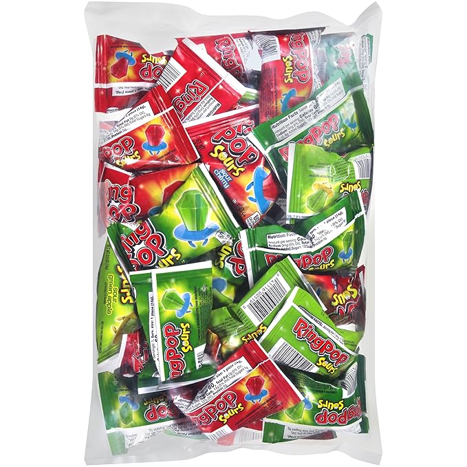 Ring Pop Sour Christmas Candy Lollipops, 30 Ct Bulk Individually Wrapped in Assorted Fruity Sour Flavors, Full Size, Hard Candy For Birthdays, Holiday Parties, Stocking Stuffers, Gifts, Party Favors