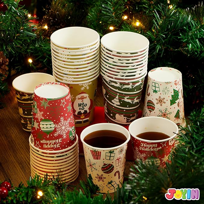 JOYIN 48 PACK Christmas Cups Disposable, 9 oz Paper Cups Holiday Winter Style Designs for Hot Chocolate Coffee & Tea, Xmas Party Drinkware, Party Supplies